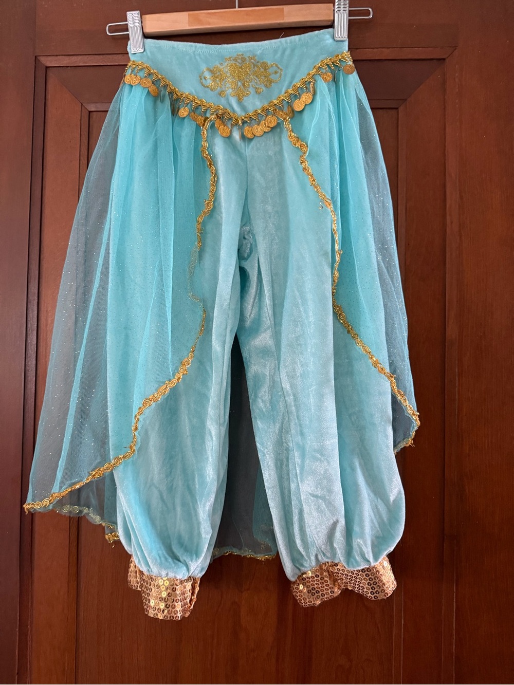 Kids Shimmery Teal Genie/Jasmine Costume with Gold Trim - Picture 6 of 10